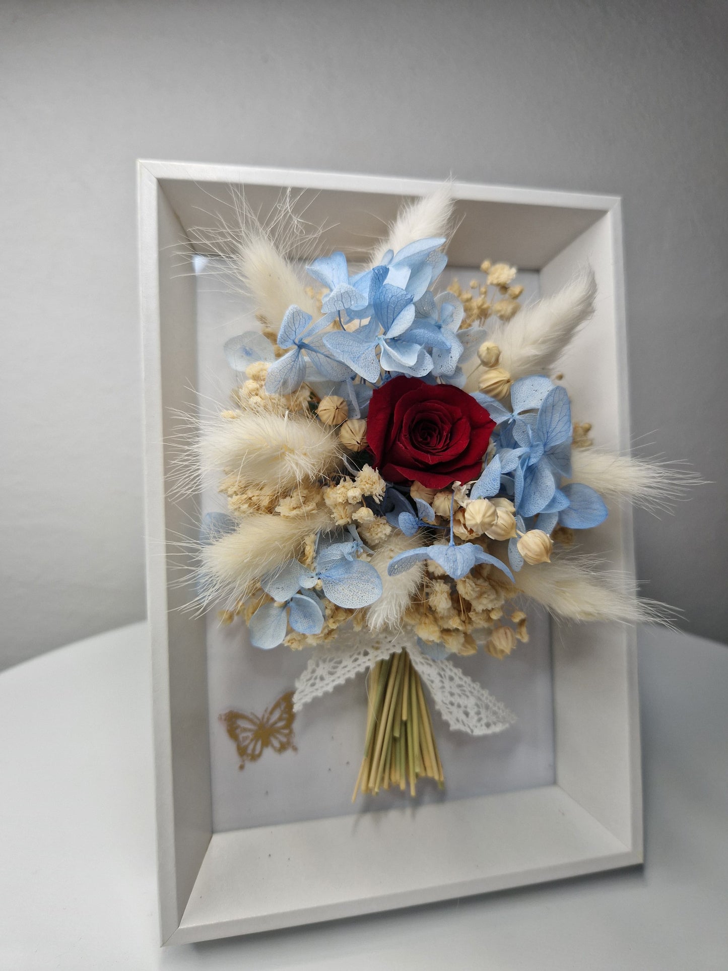 Eternal Bloom – Blue Hydrangea & Red Rose Floral Shadow Box