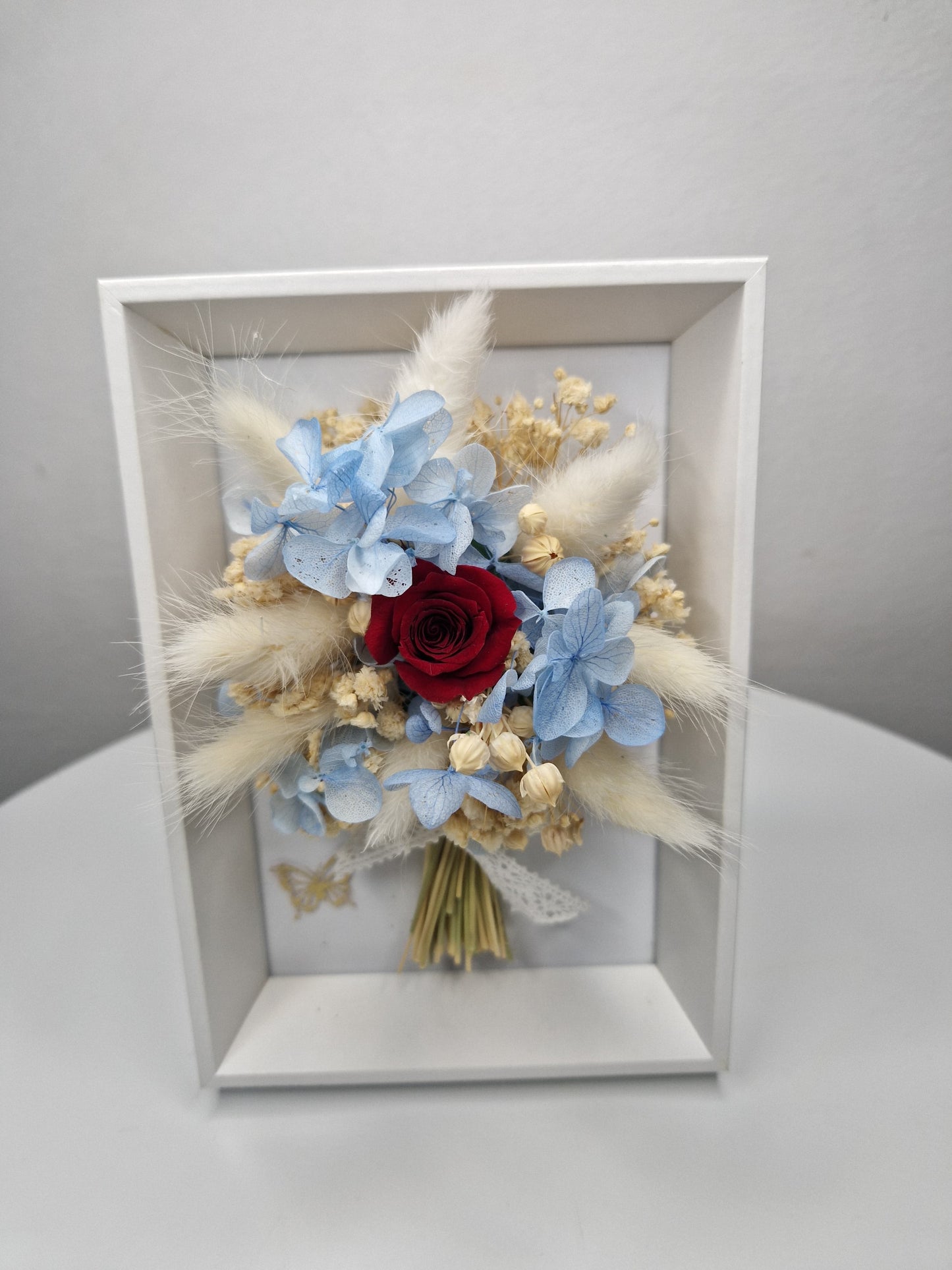 Eternal Bloom – Blue Hydrangea & Red Rose Floral Shadow Box