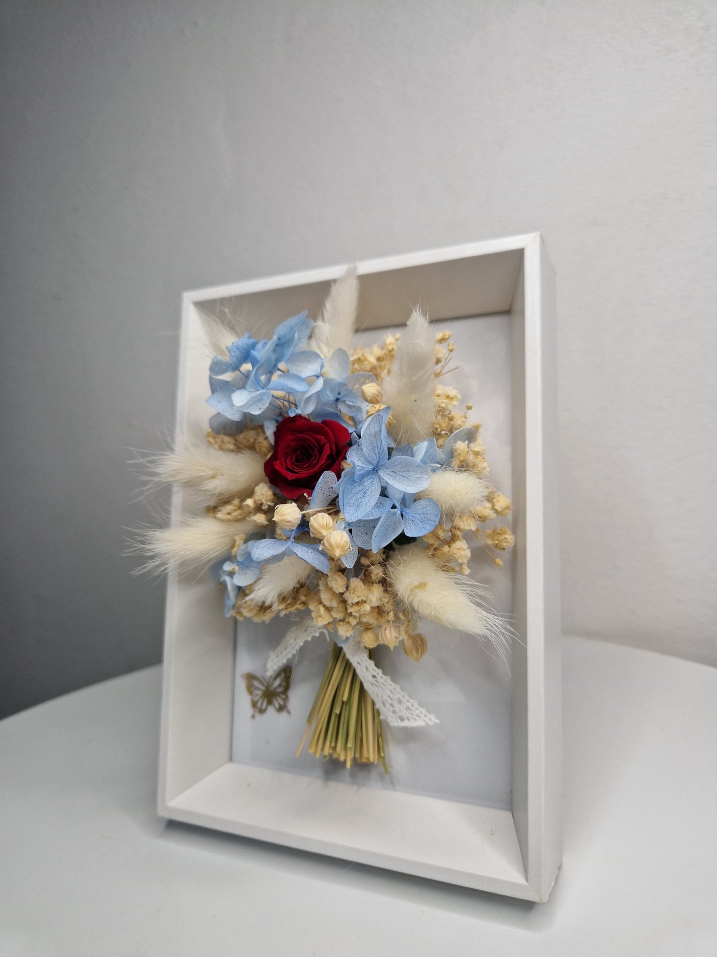 Eternal Bloom – Blue Hydrangea & Red Rose Floral Shadow Box