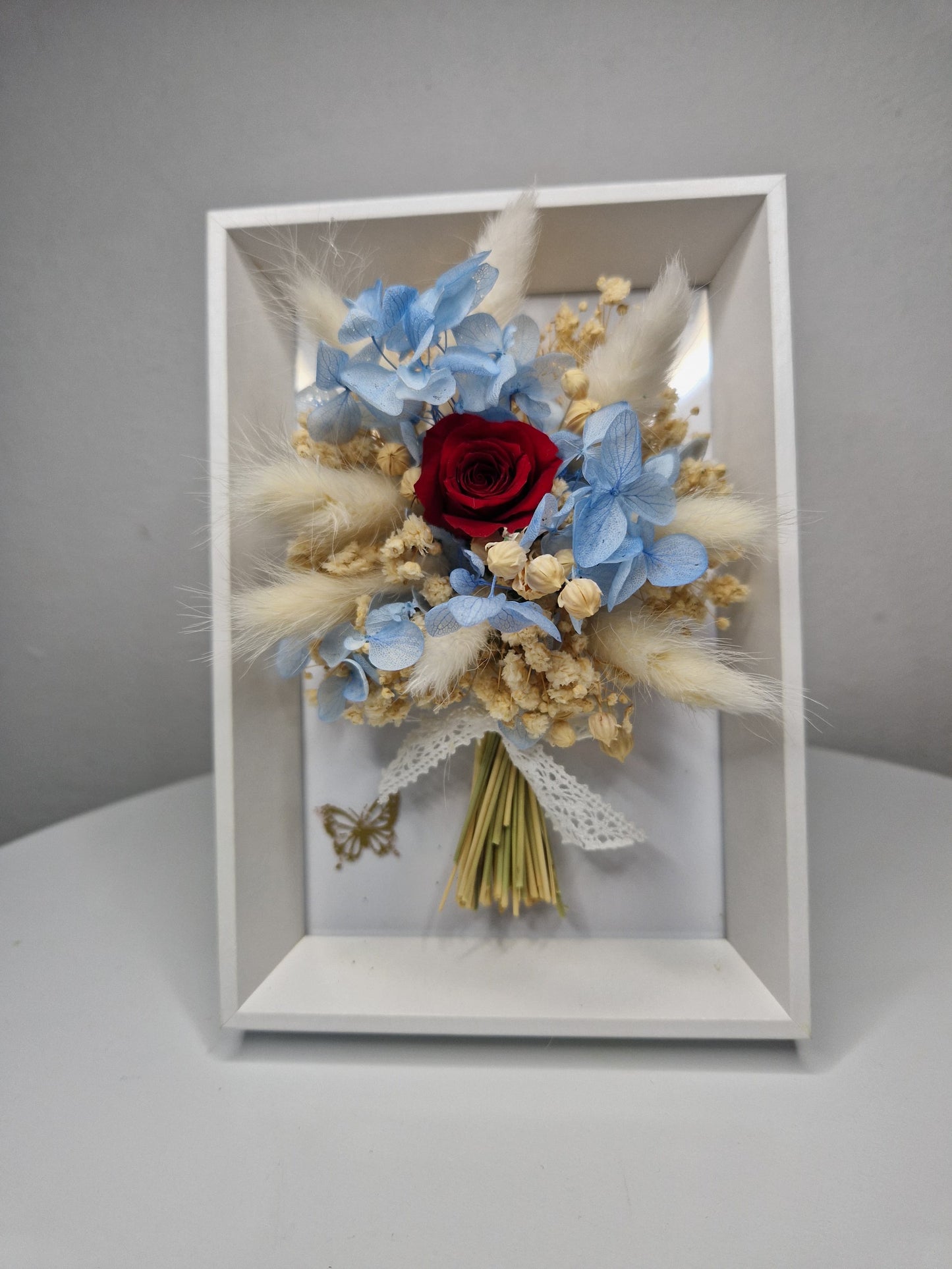 Eternal Bloom – Blue Hydrangea & Red Rose Floral Shadow Box