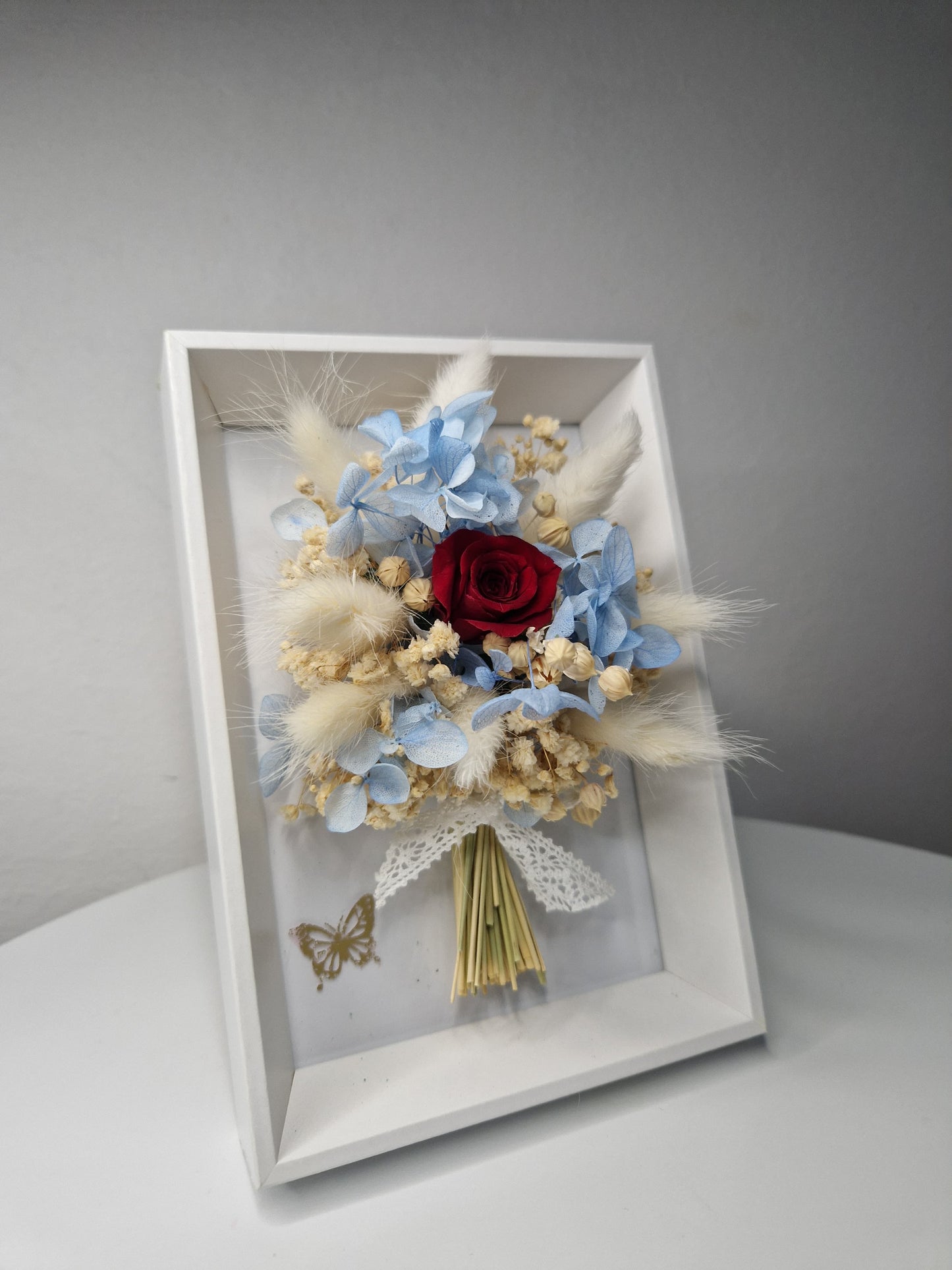 Eternal Bloom – Blue Hydrangea & Red Rose Floral Shadow Box